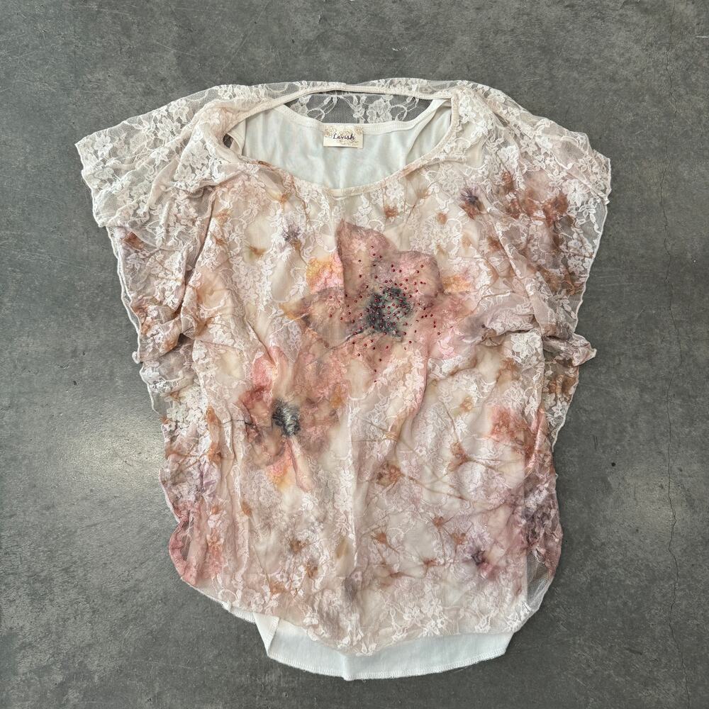 Vintage Y2K Lace Mcbling Pink Rhinestone Floral Fairy Shirt Women's Medium